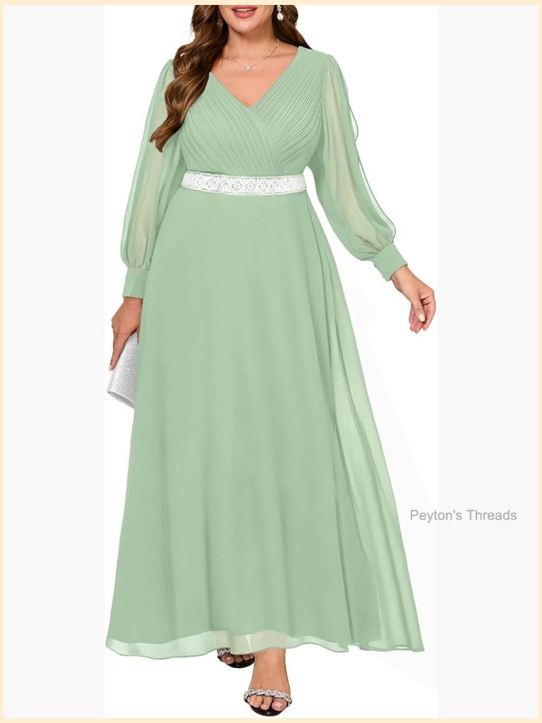 Plus Size Formal Maxi Dress Long Sleeve Chiffon Beading Evening Gown